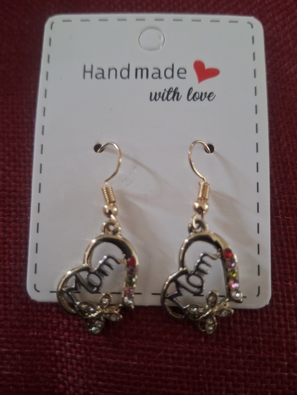 Gold Tone 1.5" Dangle Heart Mom Earrings With Colorful Rhinestones NIP